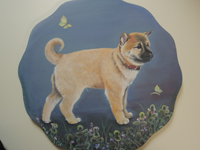 ペットロスの方がペットのリアルな似顔絵の注文（オーダー）前に見る作品～2羽の蝶が舞う野原を元気に歩く仔犬を描いた肖像画のグッズ